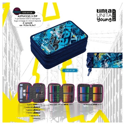 Astuccio 3 zip con scritta Tinta Unita Teen