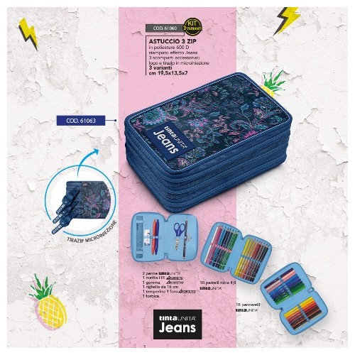 Astuccio 3 zip Flowers Tinta Unita Jeans