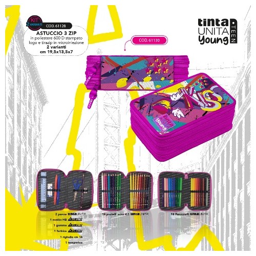 Astuccio 3 zip Kiss cuore con ali Tinta Unita Teen