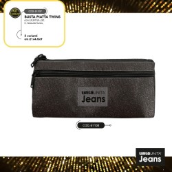 Astuccio Busta piatta twins 2 zip Lurex nero glitter Tinta Unita Jeans