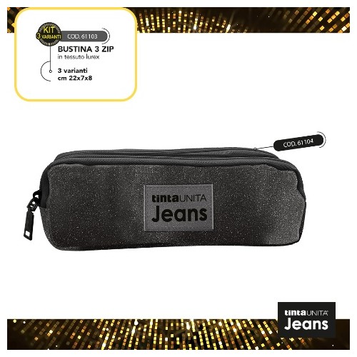 Bustina astuccio 3 zip Lurex nero glitter Tinta...