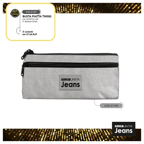 Astuccio Busta Piatta twins 2 zip Lurex Argento...