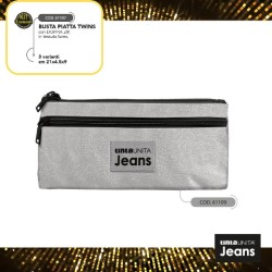Astuccio Busta Piatta twins 2 zip Lurex Argento glitter Tinta Unita Jeans