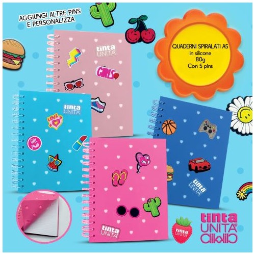 Quaderno A5 Spiralato con 5 Pins Tinta Unita...