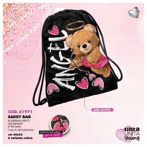 Sacca sakky bag Angel cuori glitter Tinta Unita...