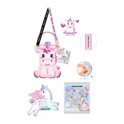 BORRACCIA SAGOMATA IN PLASTICA C/STICKERS E TRACOLLINA UNICORNO
