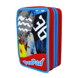Astuccio 3 zip sj gang seven pen pad high tech boy accessoriato rosso azzurro